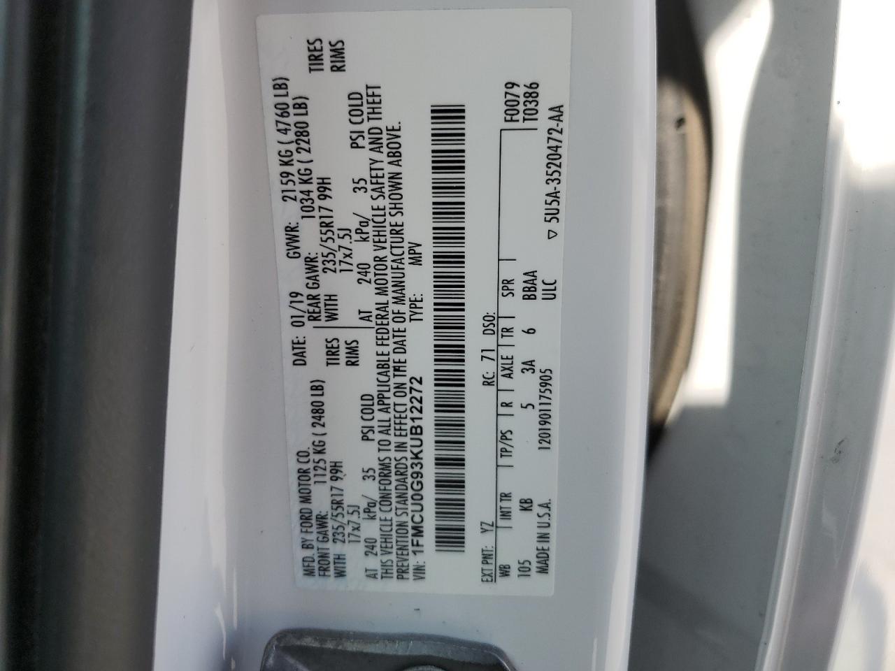 2019 Ford Escape Se VIN: 1FMCU0G93KUB12272 Lot: 64097354