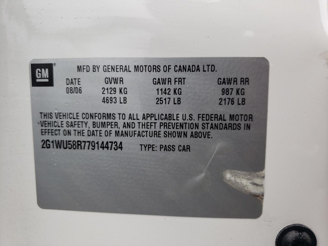 2007 Chevrolet Impala Ltz VIN: 2G1WU58R779144734 Lot: 64025184