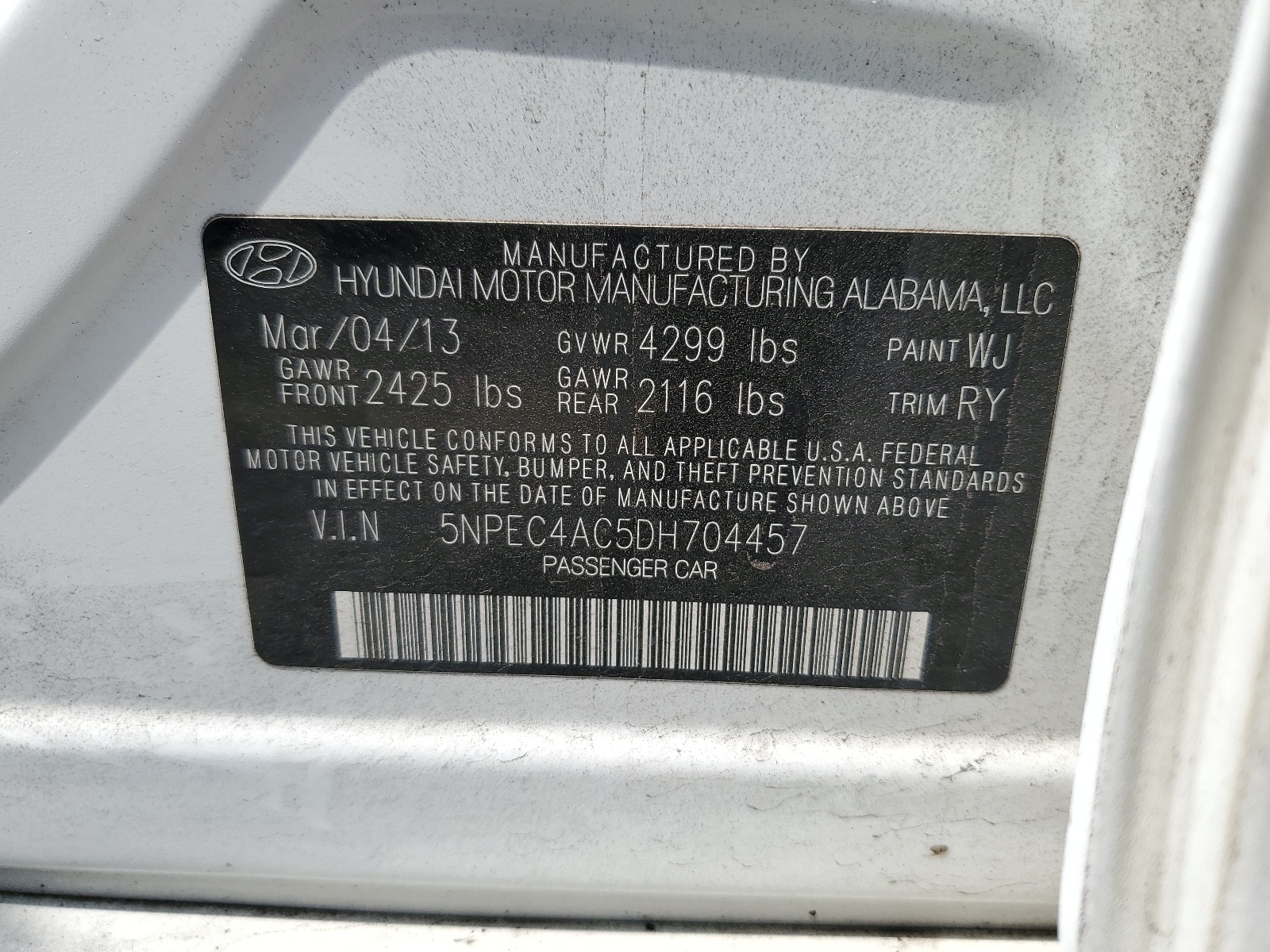 5NPEC4AC5DH704457 2013 Hyundai Sonata Se