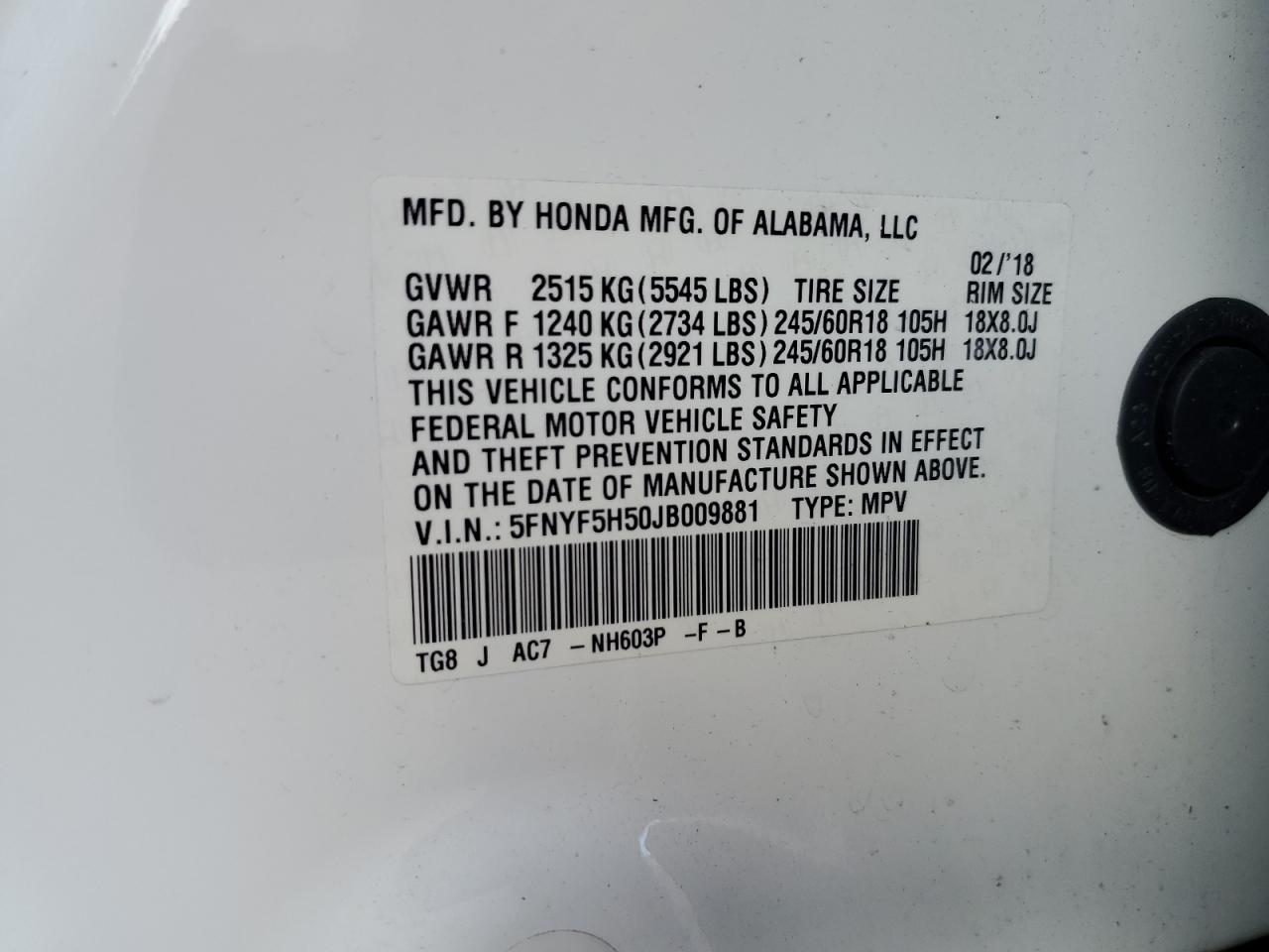 2018 Honda Pilot Exl VIN: 5FNYF5H50JB009881 Lot: 64361674