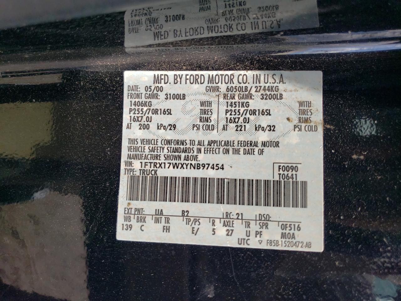 2000 Ford F150 VIN: 1FTRX17WXYNB97454 Lot: 61654114