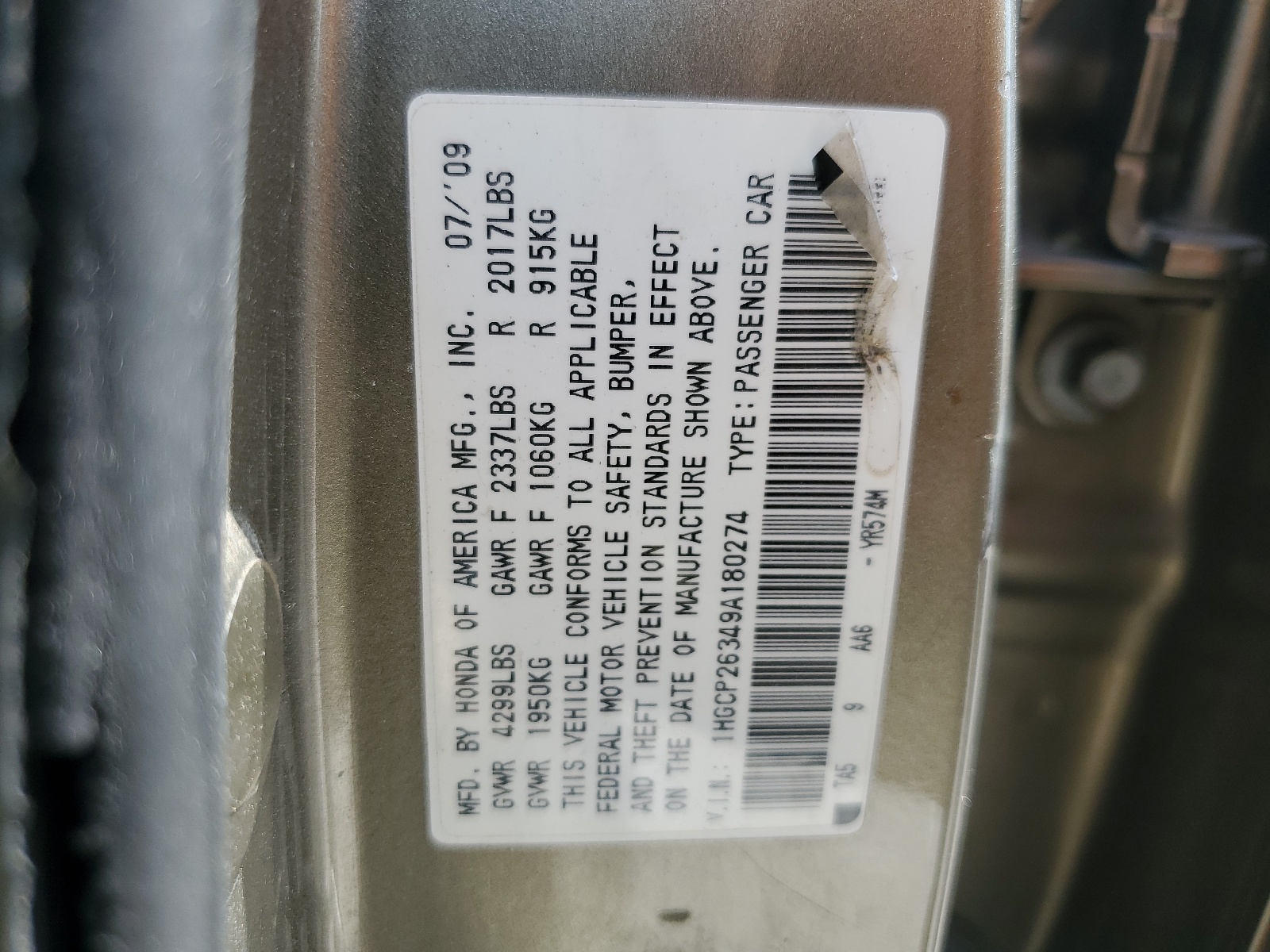 1HGCP26349A180274 2009 Honda Accord Lx