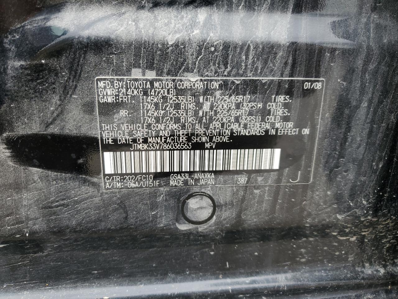 2008 Toyota Rav4 VIN: JTMBK33V786036563 Lot: 63175404