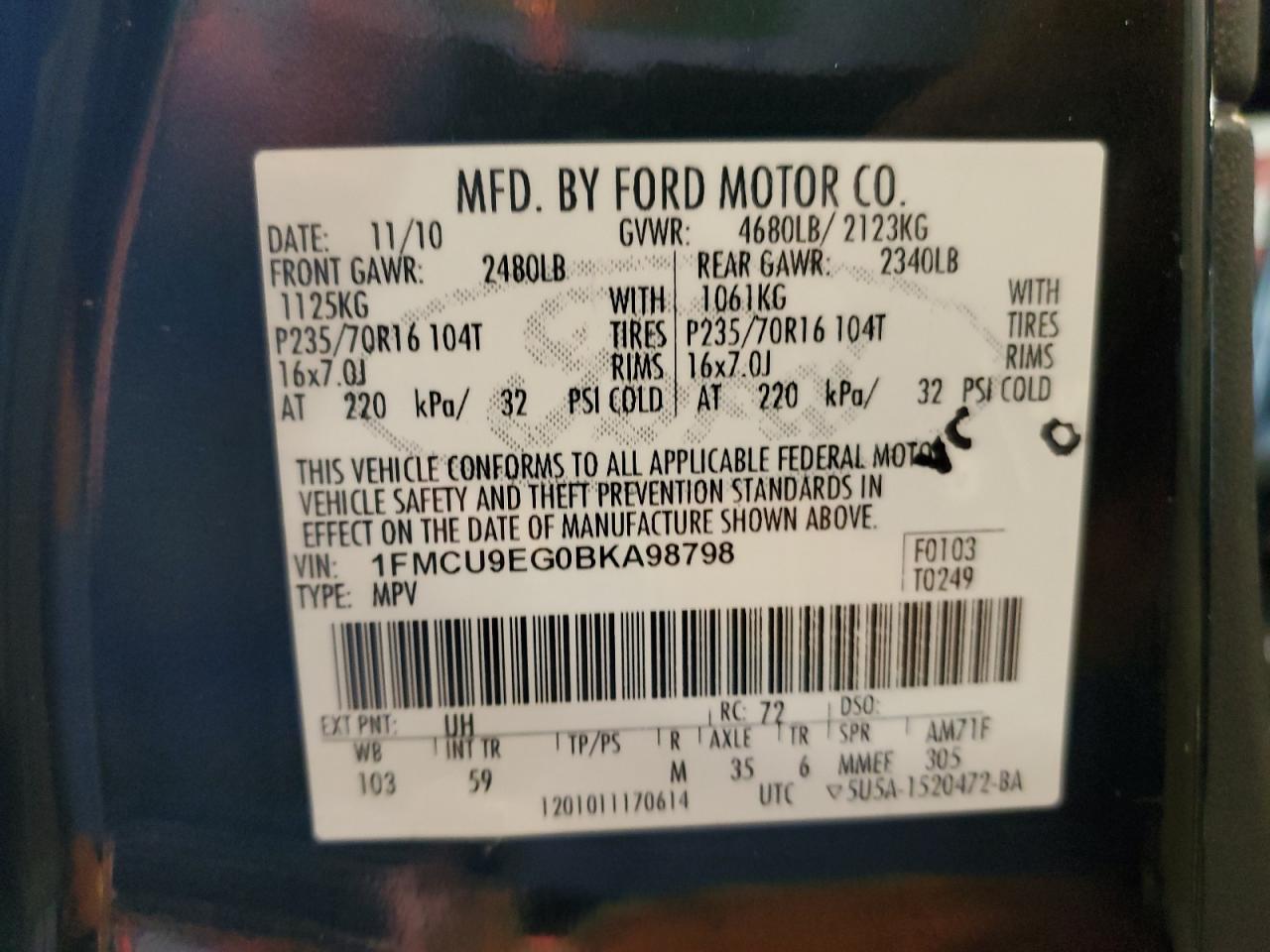 2012 Ford Escape Limited VIN: 1FMCU9EG0BKA98798 Lot: 64013394