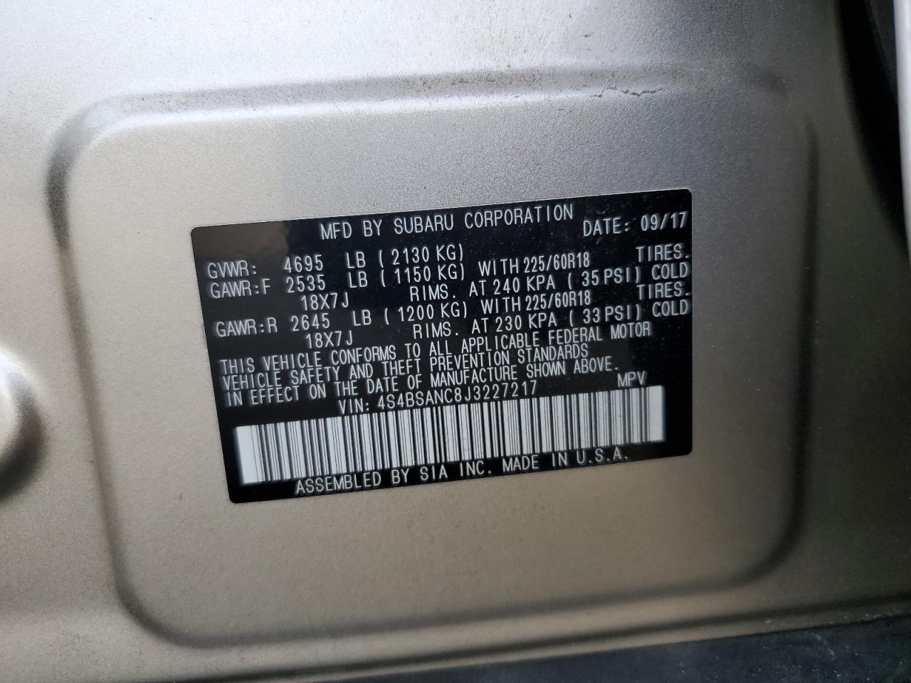 2018 Subaru Outback 2.5I Limited VIN: 4S4BSANC8J3227217 Lot: 64181564