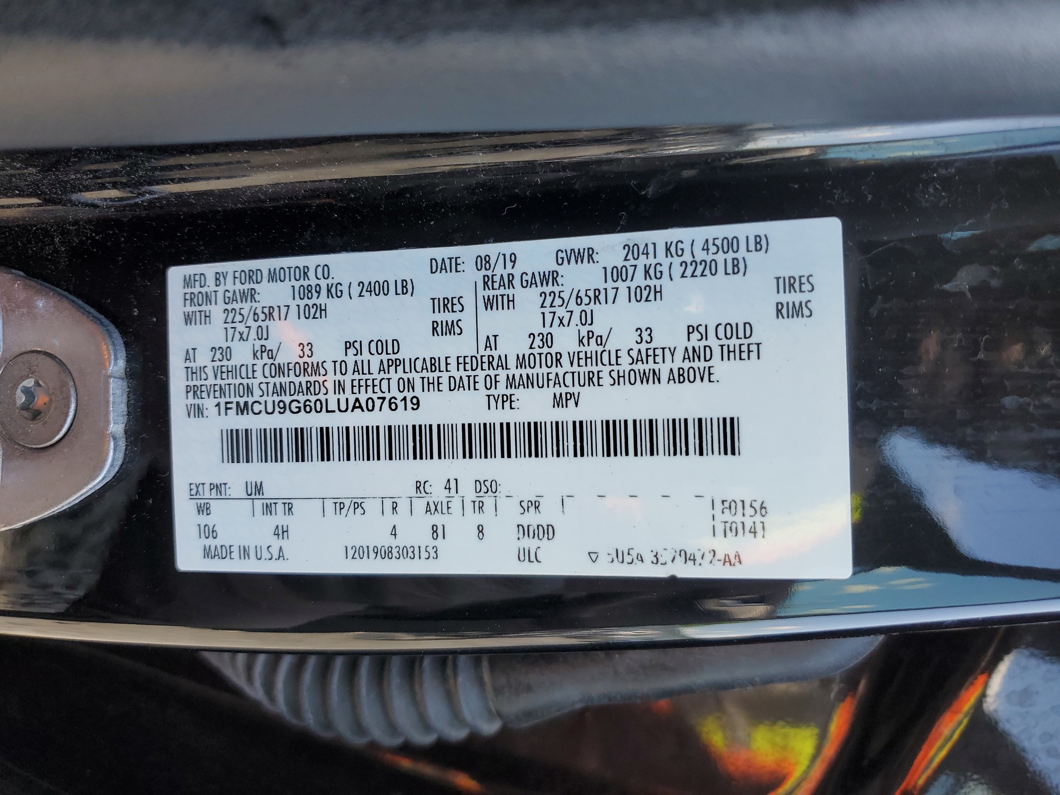 1FMCU9G60LUA07619 2020 Ford Escape Se