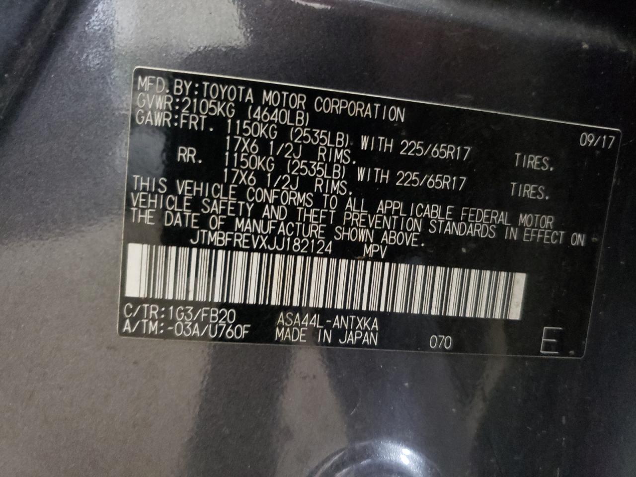 2018 Toyota Rav4 Le VIN: JTMBFREVXJJ182124 Lot: 63614614