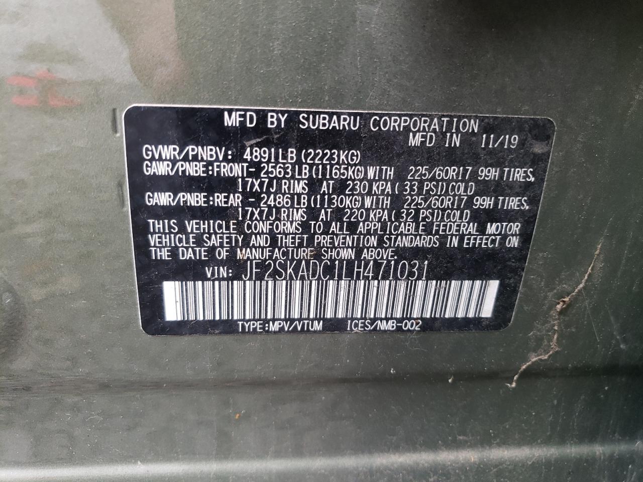 2020 Subaru Forester VIN: JF2SKADC1LH471031 Lot: 63189964