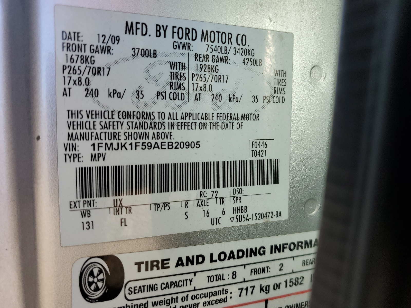 1FMJK1F59AEB20905 2010 Ford Expedition El Xlt