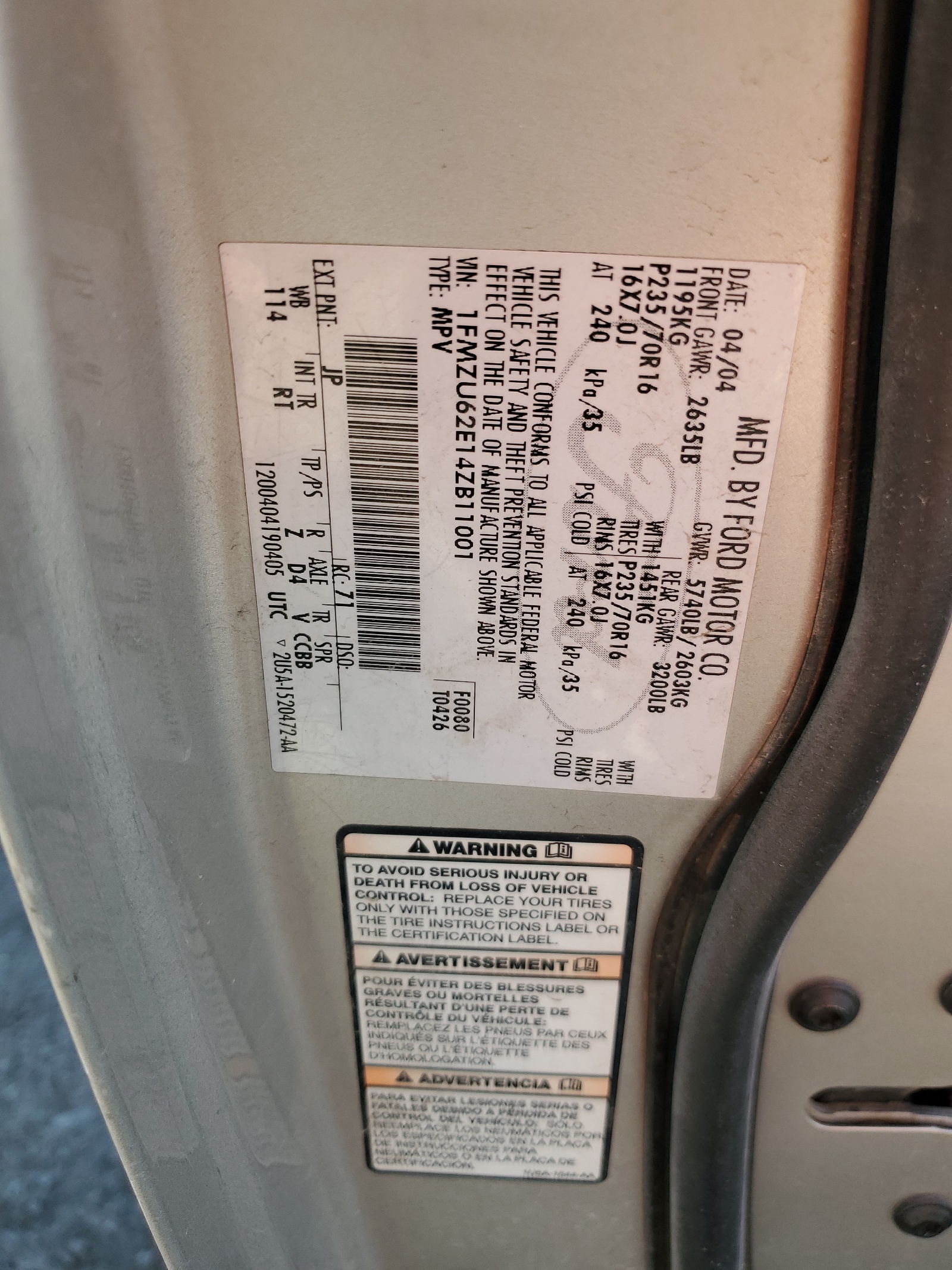 1FMZU62E14ZB11001 2004 Ford Explorer Xls