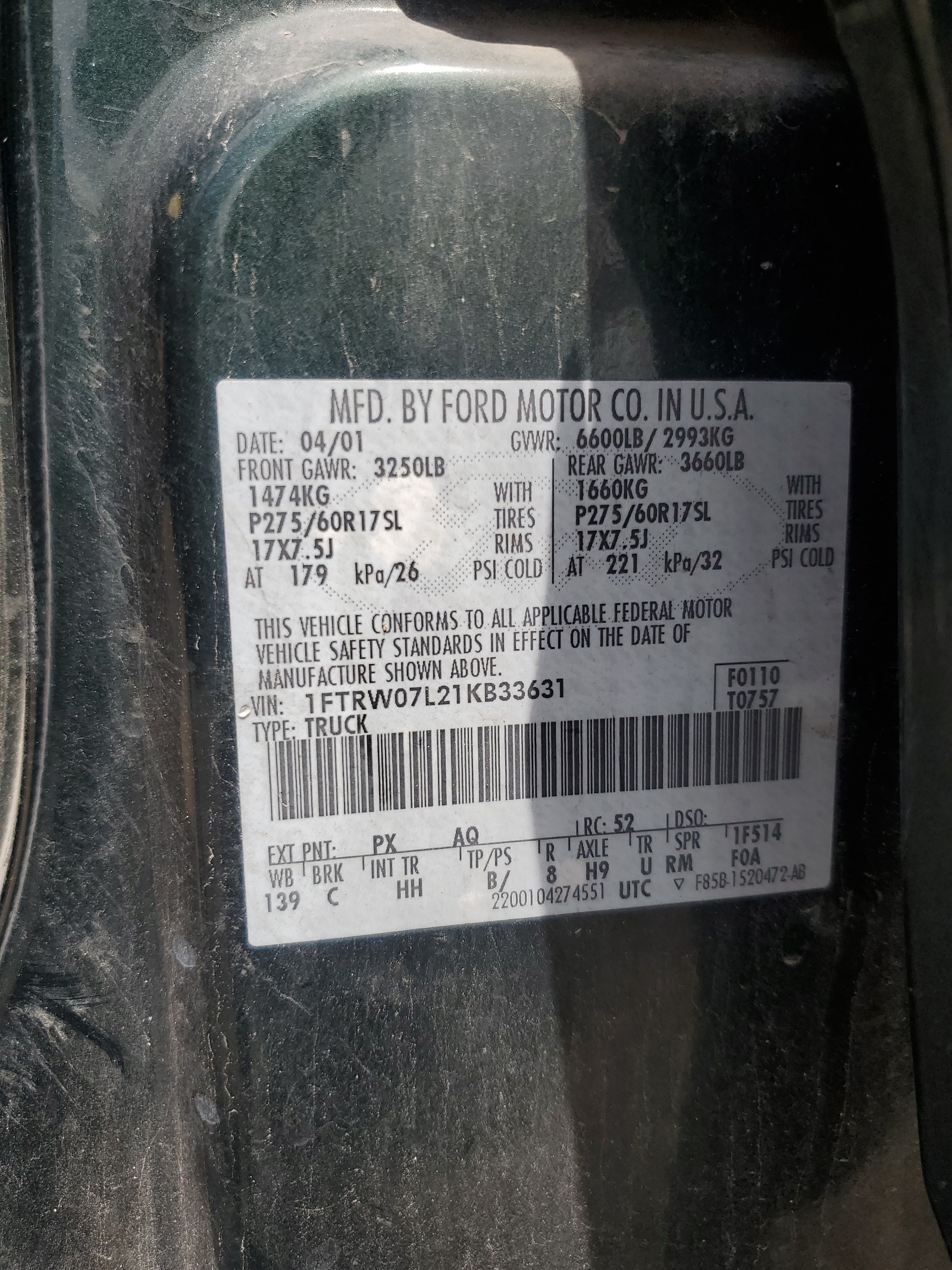 1FTRW07L21KB33631 2001 Ford F150 Supercrew