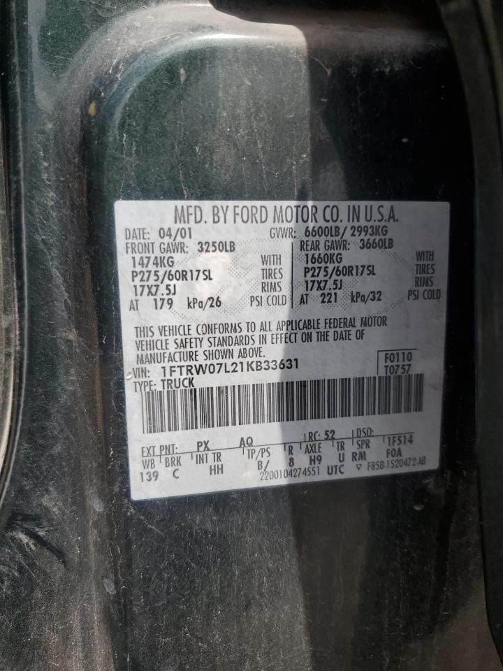 2001 Ford F150 Supercrew VIN: 1FTRW07L21KB33631 Lot: 64488184