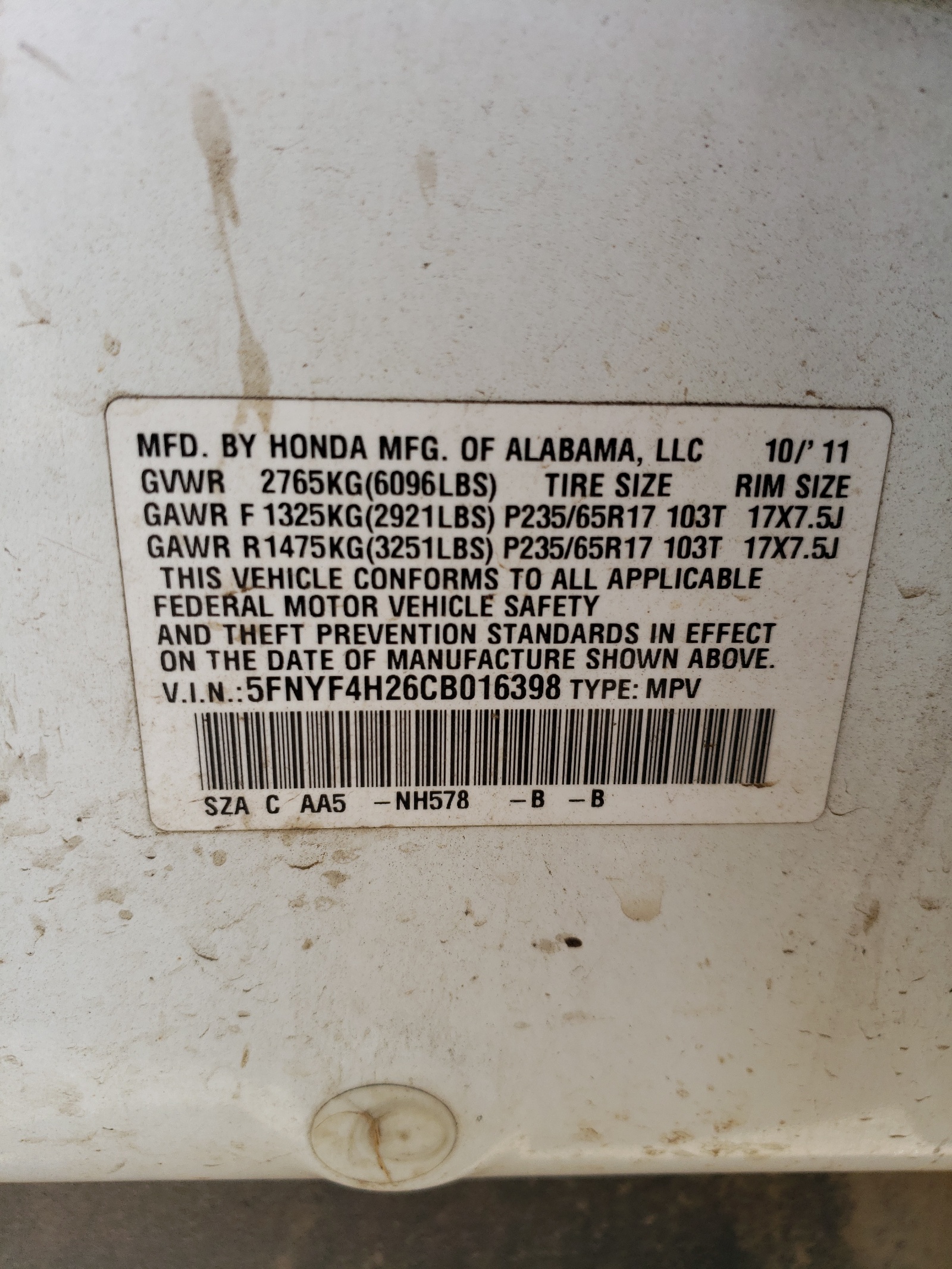 5FNYF4H26CB016398 2012 Honda Pilot Lx