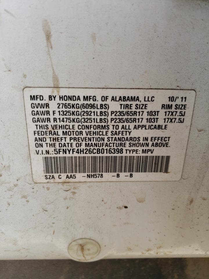 2012 Honda Pilot Lx VIN: 5FNYF4H26CB016398 Lot: 60688664