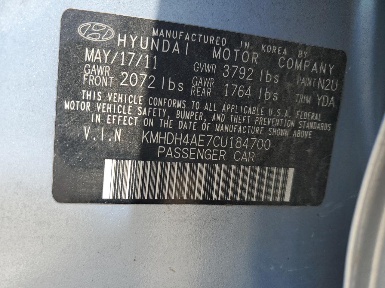 KMHDH4AE7CU184700 2012 Hyundai Elantra Gls