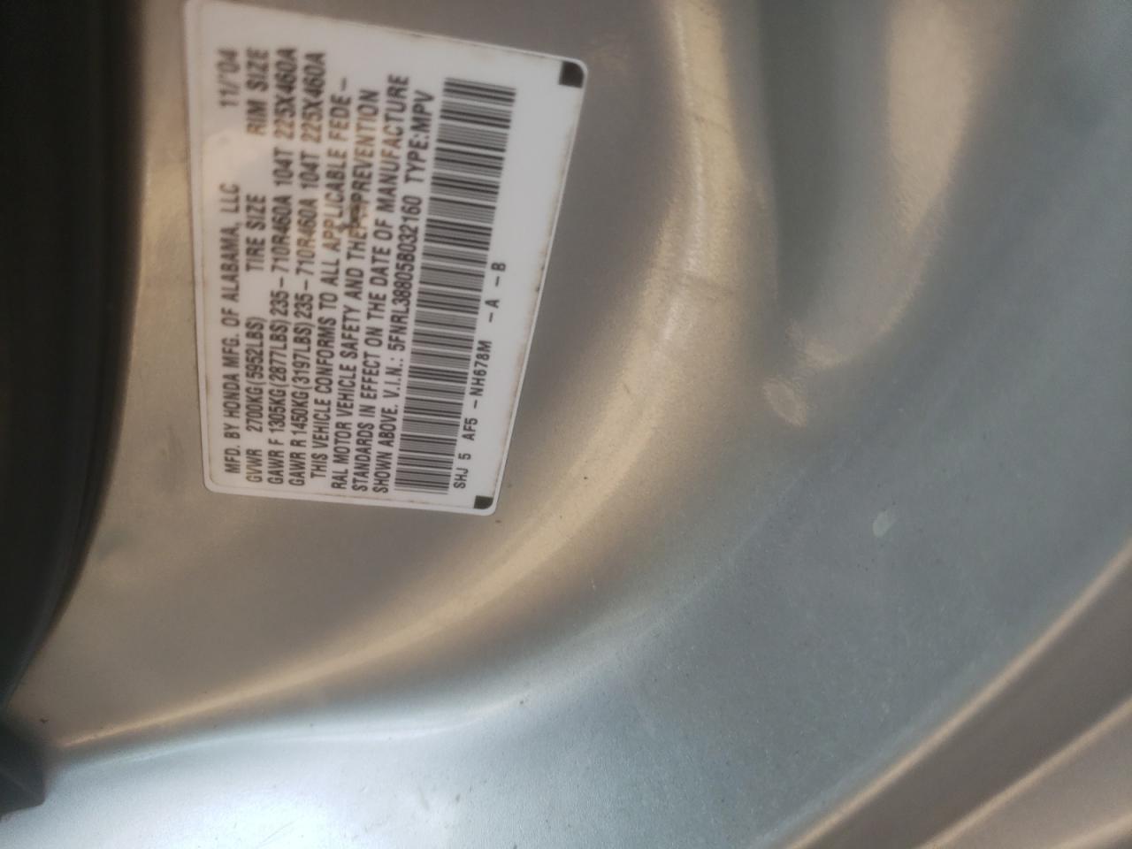 2005 Honda Odyssey Touring VIN: 5FNRL38805B032160 Lot: 62282024