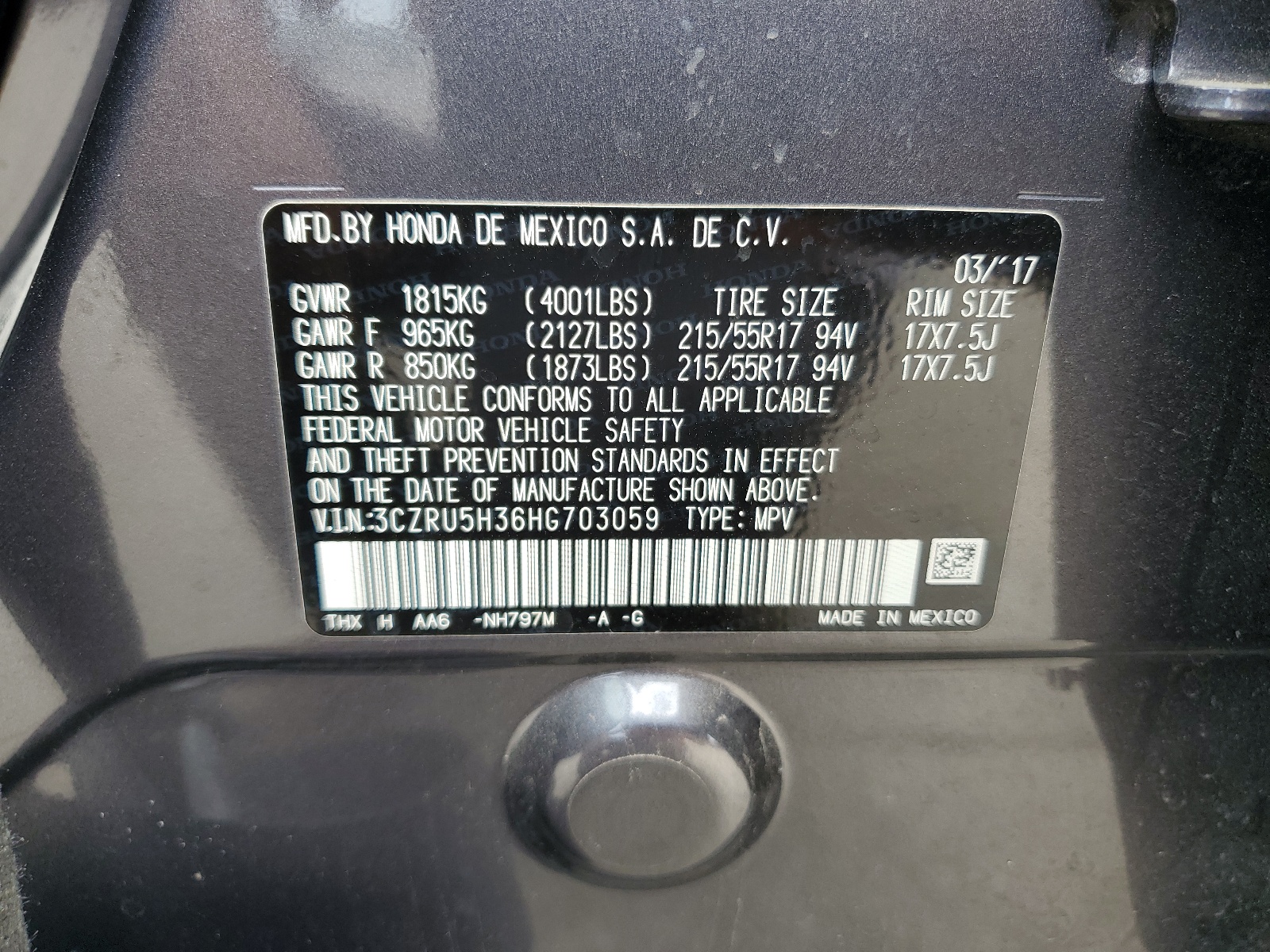 3CZRU5H36HG703059 2017 Honda Hr-V Lx