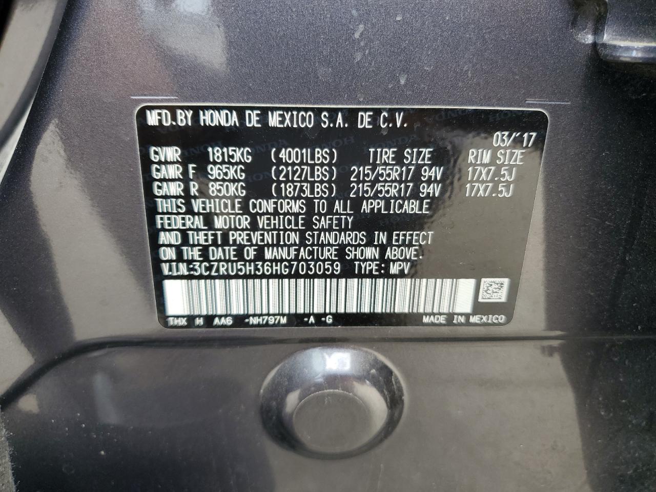 2017 Honda Hr-V Lx VIN: 3CZRU5H36HG703059 Lot: 62305074