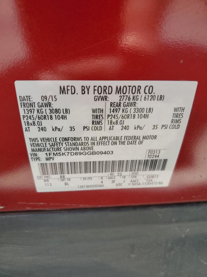 2016 Ford Explorer Xlt VIN: 1FM5K7D89GGB09403 Lot: 62082144