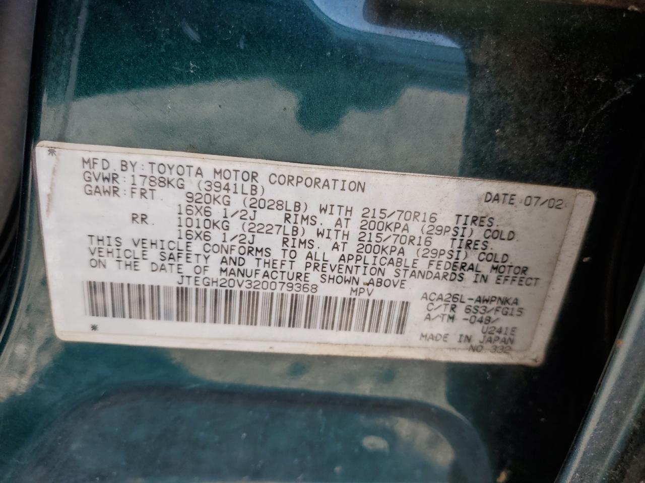 2002 Toyota Rav4 VIN: JTEGH20V320079368 Lot: 65084024