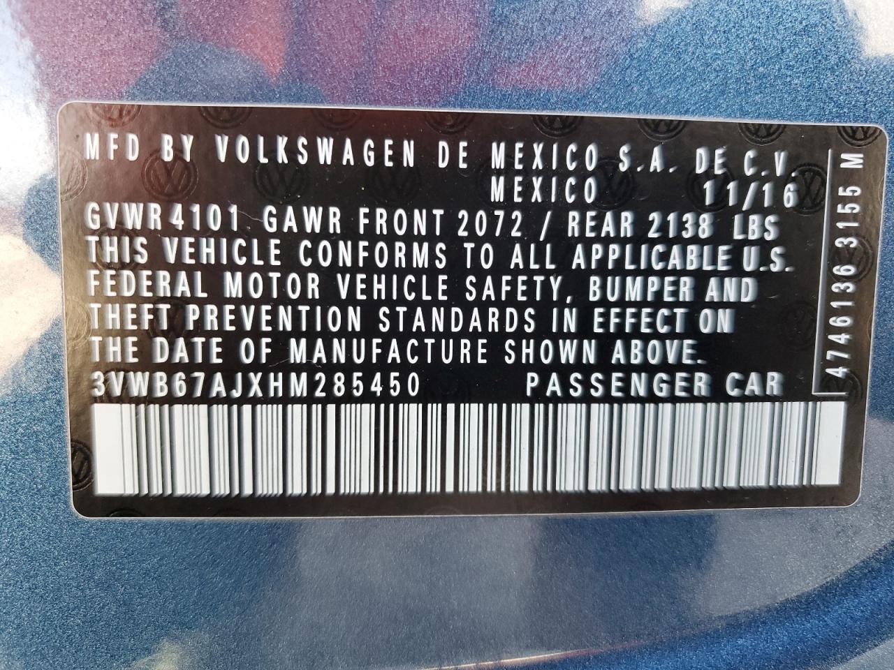 2017 Volkswagen Jetta Se VIN: 3VWB67AJXHM285450 Lot: 63998734