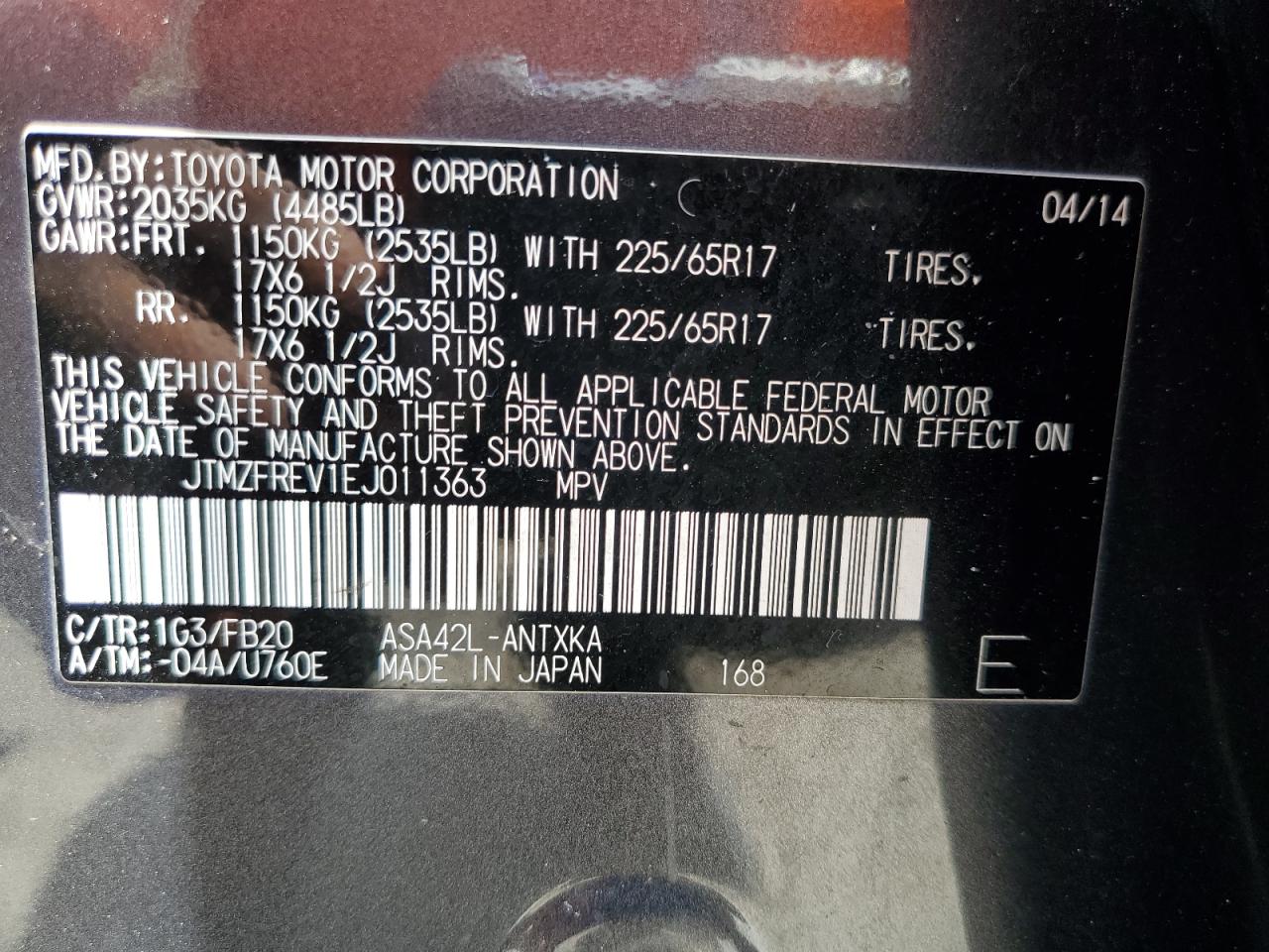 2014 Toyota Rav4 Le VIN: JTMZFREV1EJ011363 Lot: 63786484