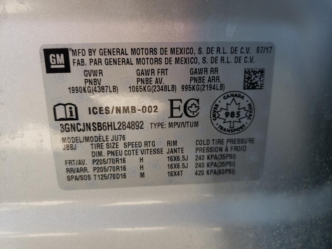 2017 Chevrolet Trax Ls VIN: 3GNCJNSB6HL284892 Lot: 63522674