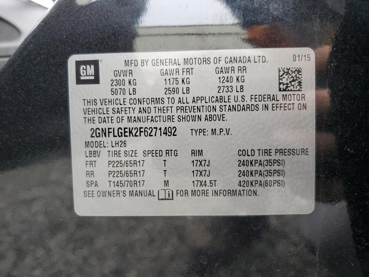 2015 Chevrolet Equinox Lt VIN: 2GNFLGEK2F6271492 Lot: 64100134