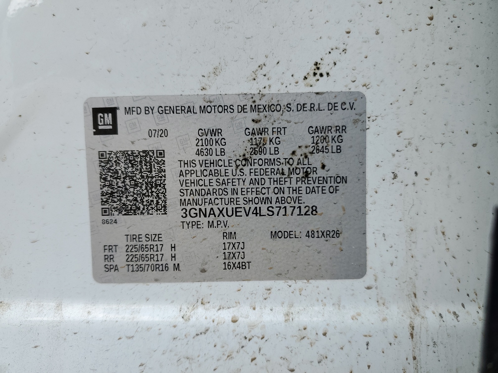 3GNAXUEV4LS717128 2020 Chevrolet Equinox Lt