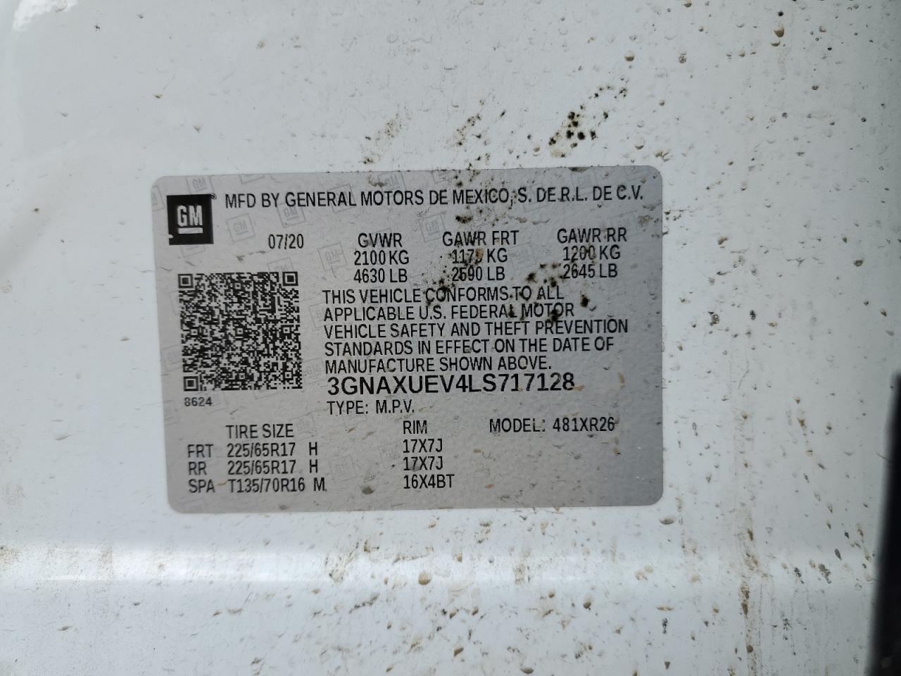 2020 Chevrolet Equinox Lt VIN: 3GNAXUEV4LS717128 Lot: 63446604