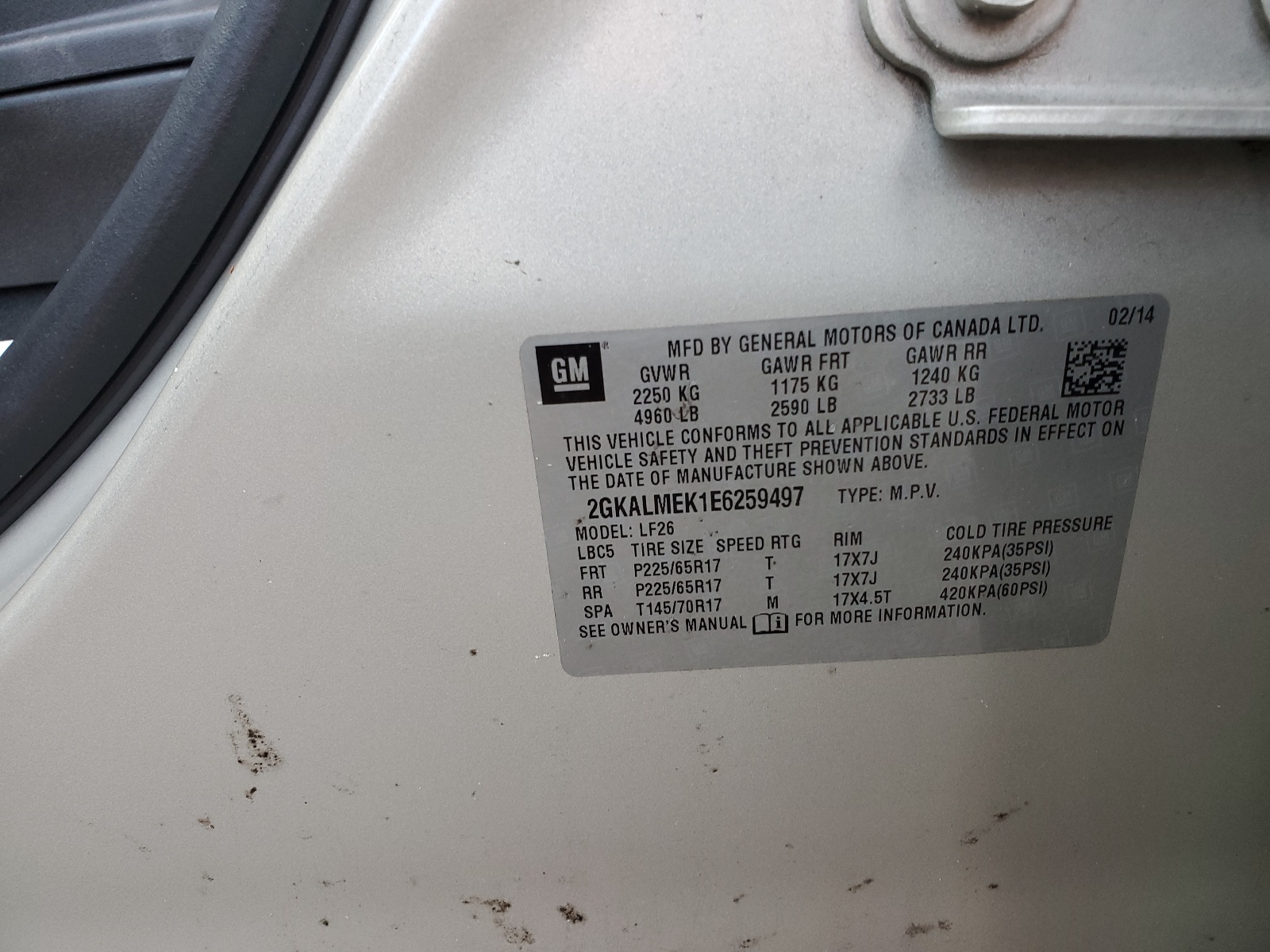 2GKALMEK1E6259497 2014 GMC Terrain Sle