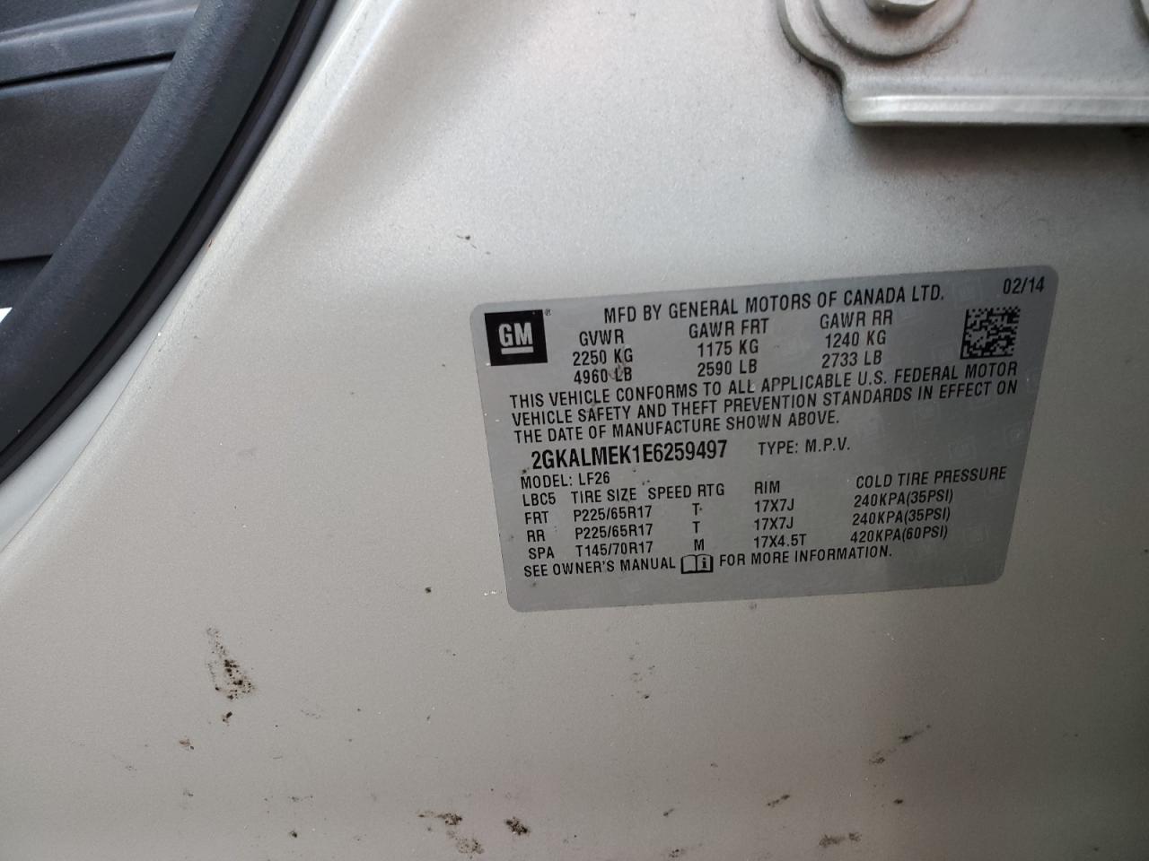 2014 GMC Terrain Sle VIN: 2GKALMEK1E6259497 Lot: 63258744