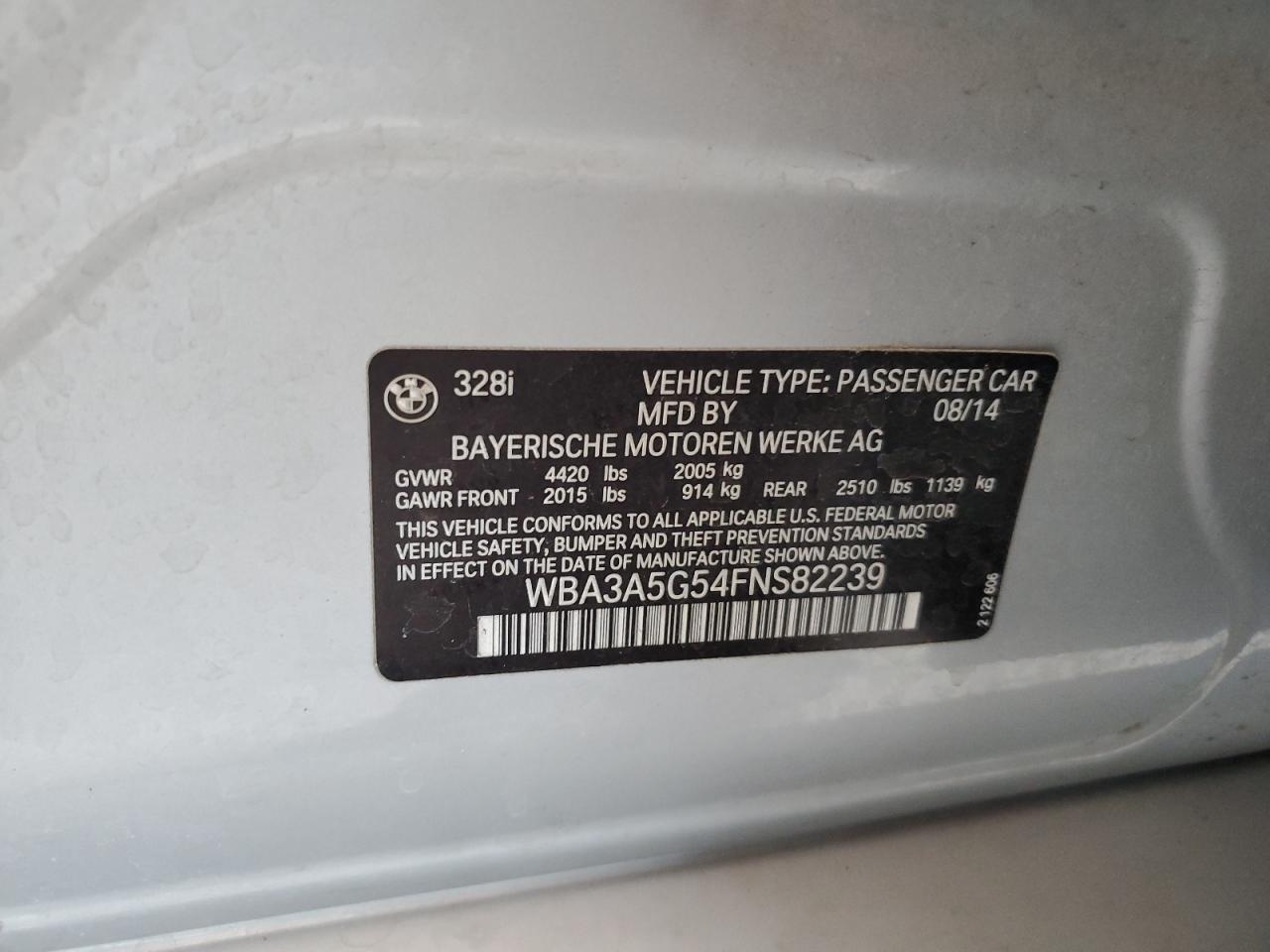 2015 BMW 328 I VIN: WBA3A5G54FNS82239 Lot: 63790454