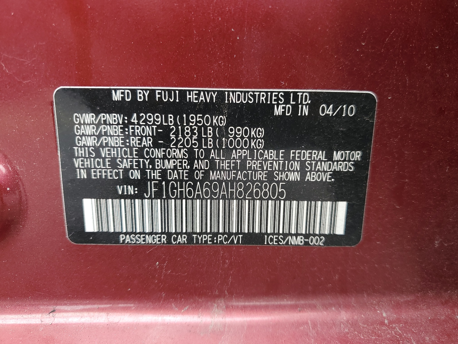 JF1GH6A69AH826805 2010 Subaru Impreza 2.5I