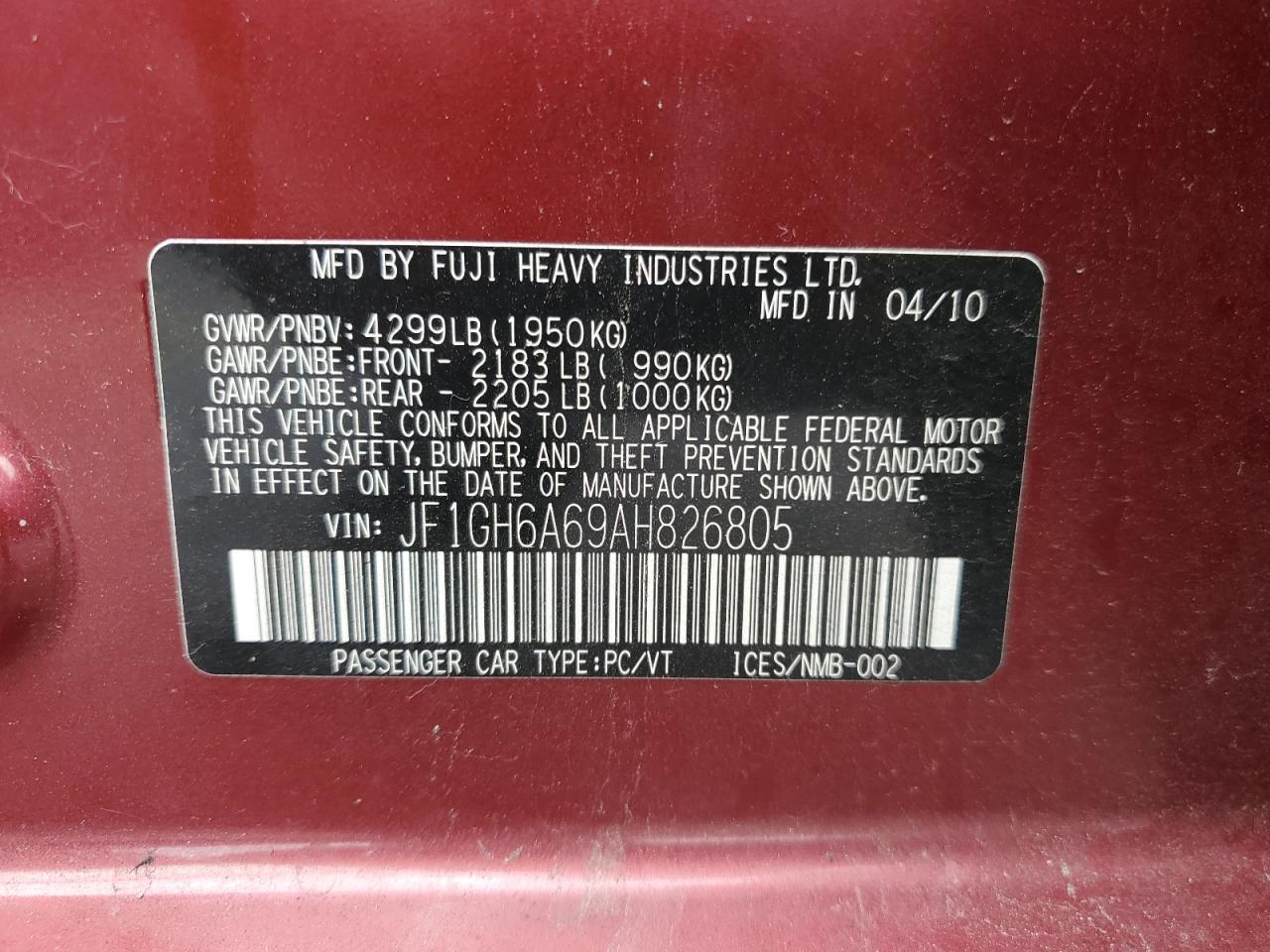 2010 Subaru Impreza 2.5I VIN: JF1GH6A69AH826805 Lot: 64194294