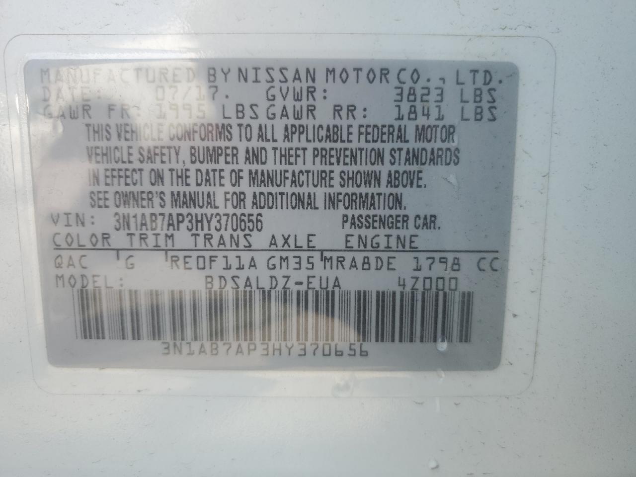 2017 Nissan Sentra S VIN: 3N1AB7AP3HY370656 Lot: 62736434