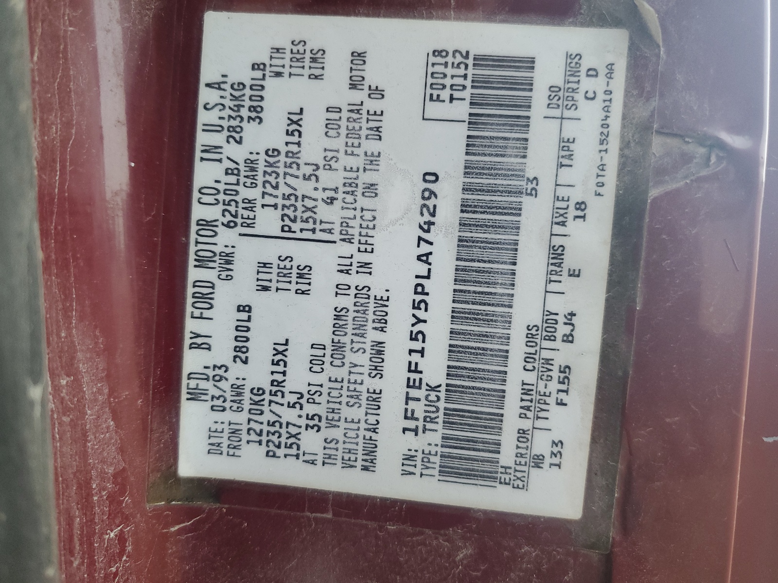 1FTEF15Y5PLA74290 1993 Ford F150