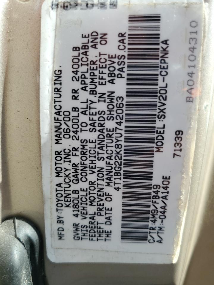 2000 Toyota Camry Ce VIN: 4T1BG22K8YU742063 Lot: 63006104