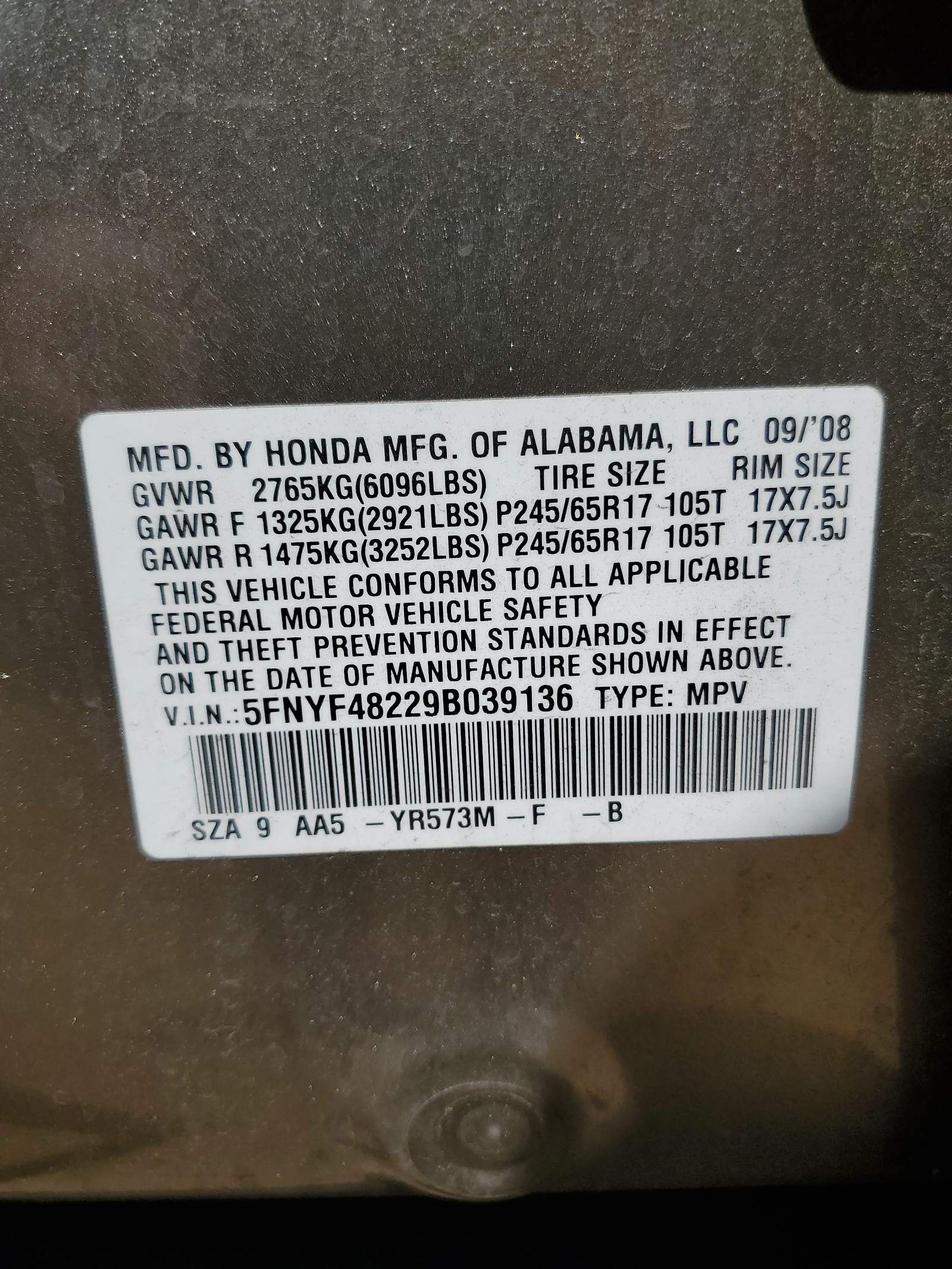 5FNYF48229B039136 2009 Honda Pilot Lx