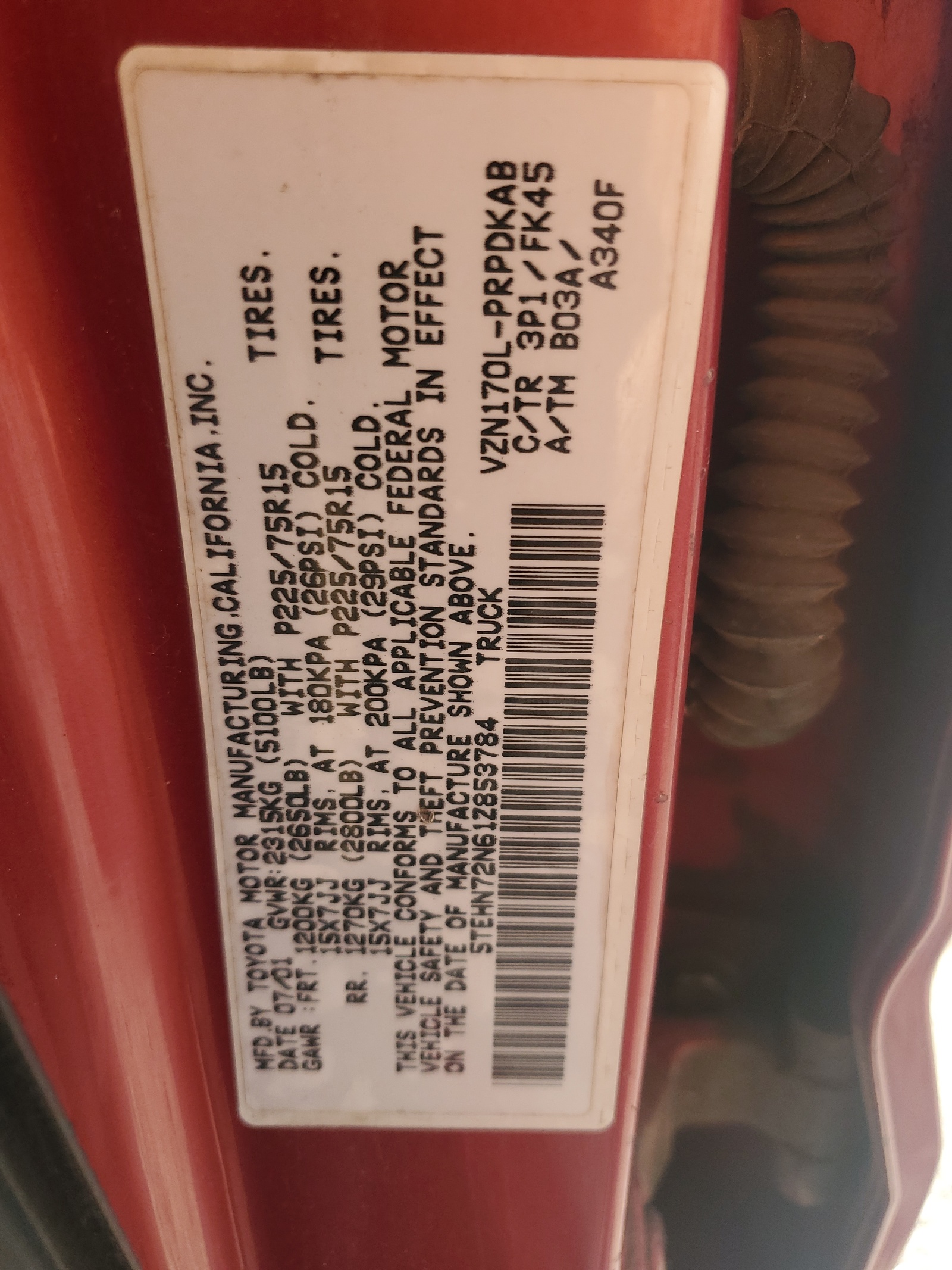 5TEHN72N61Z853784 2001 Toyota Tacoma Double Cab