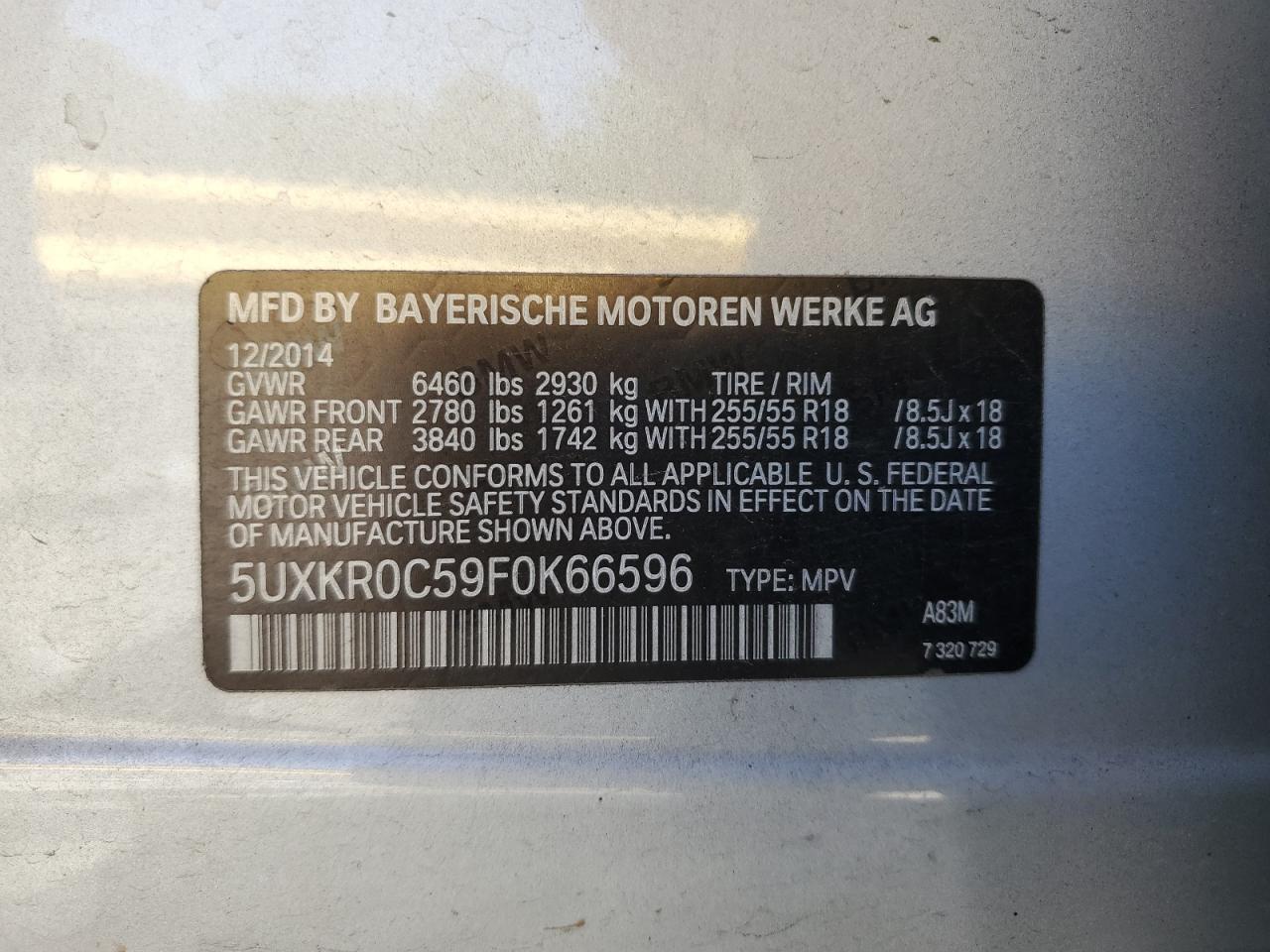 2015 BMW X5 xDrive35I VIN: 5UXKR0C59F0K66596 Lot: 61819844
