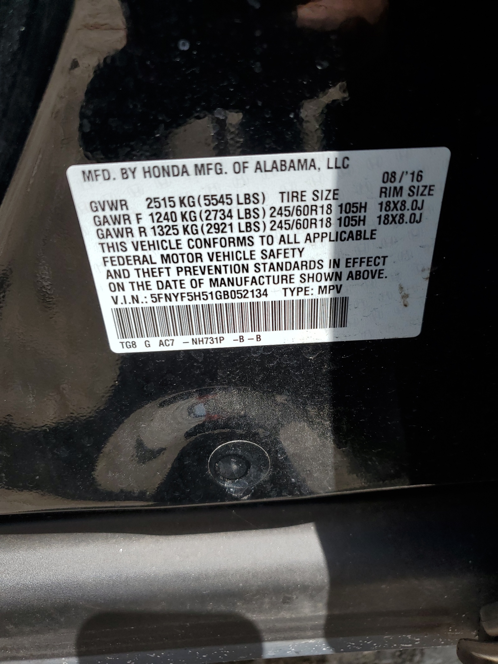 5FNYF5H51GB052134 2016 Honda Pilot Exl