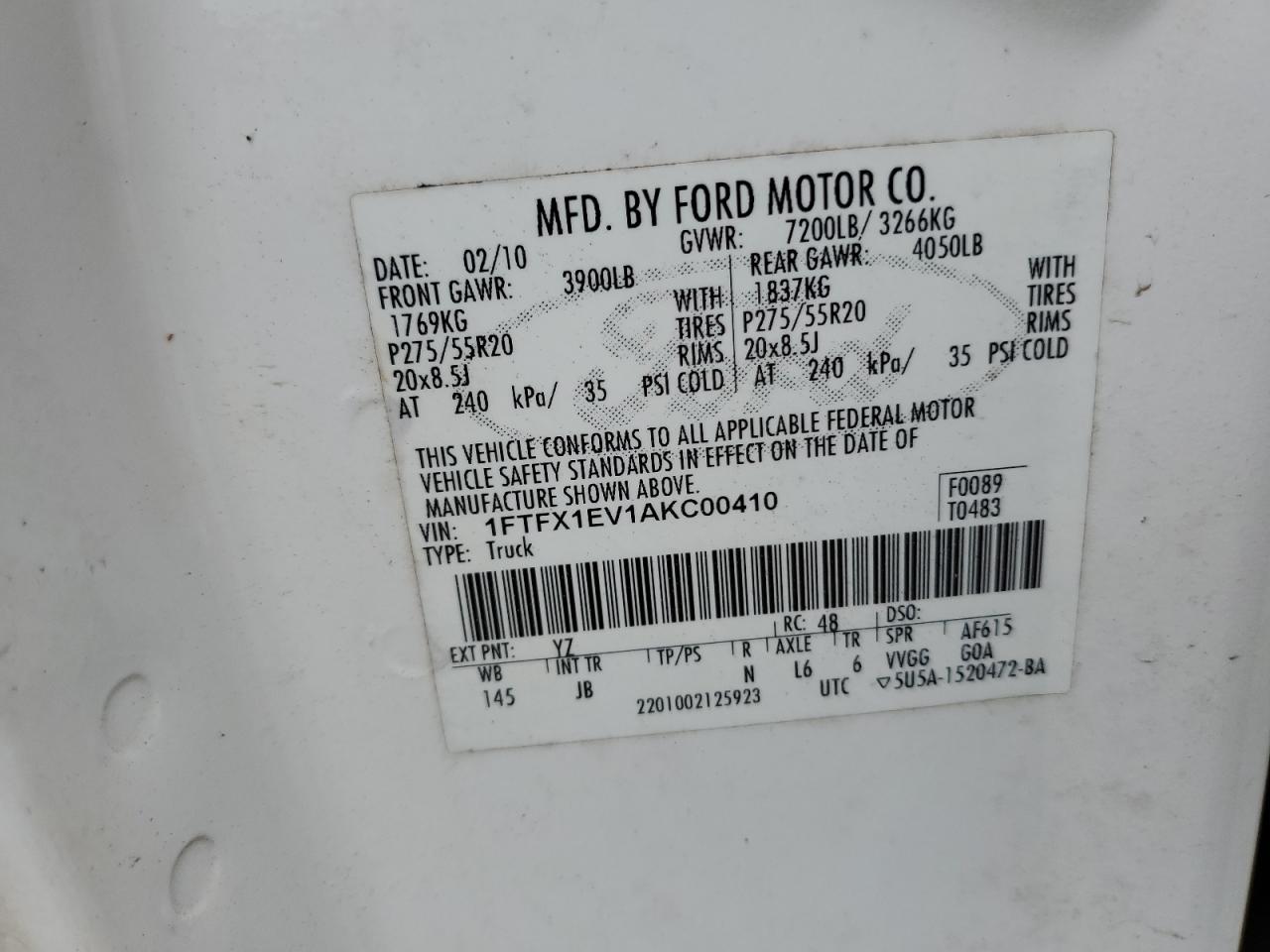 2010 Ford F150 Super Cab VIN: 1FTFX1EV1AKC00410 Lot: 63900334