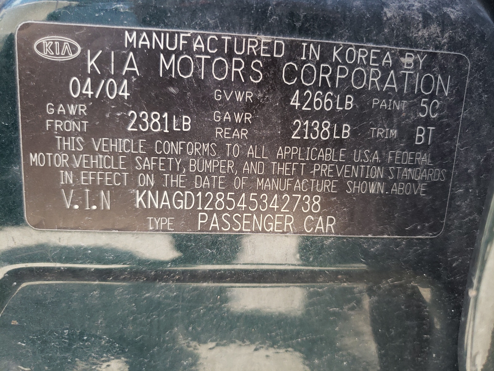 KNAGD128545342738 2004 Kia Optima Lx
