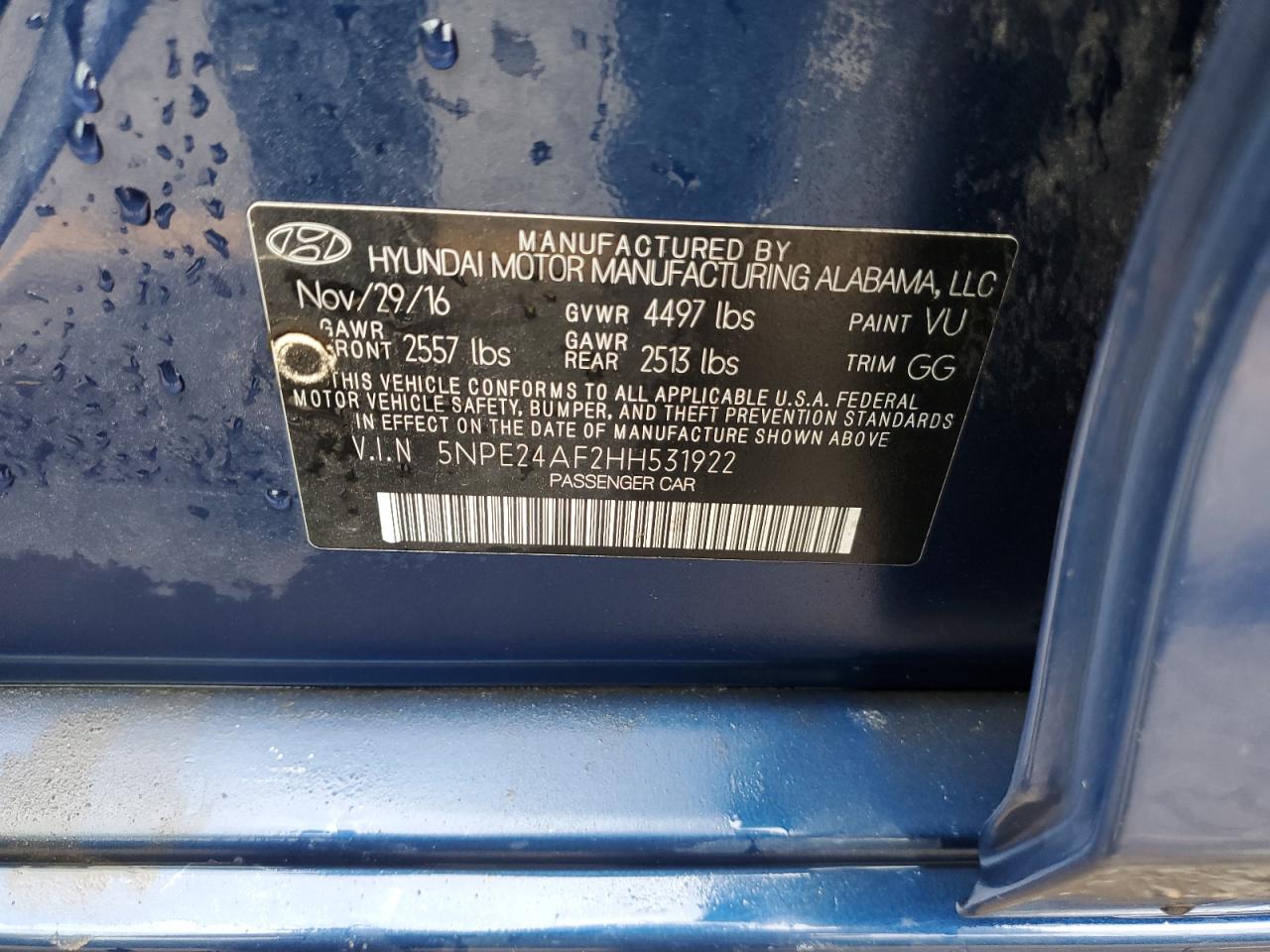 2017 Hyundai Sonata Se VIN: 5NPE24AF2HH531922 Lot: 61657094