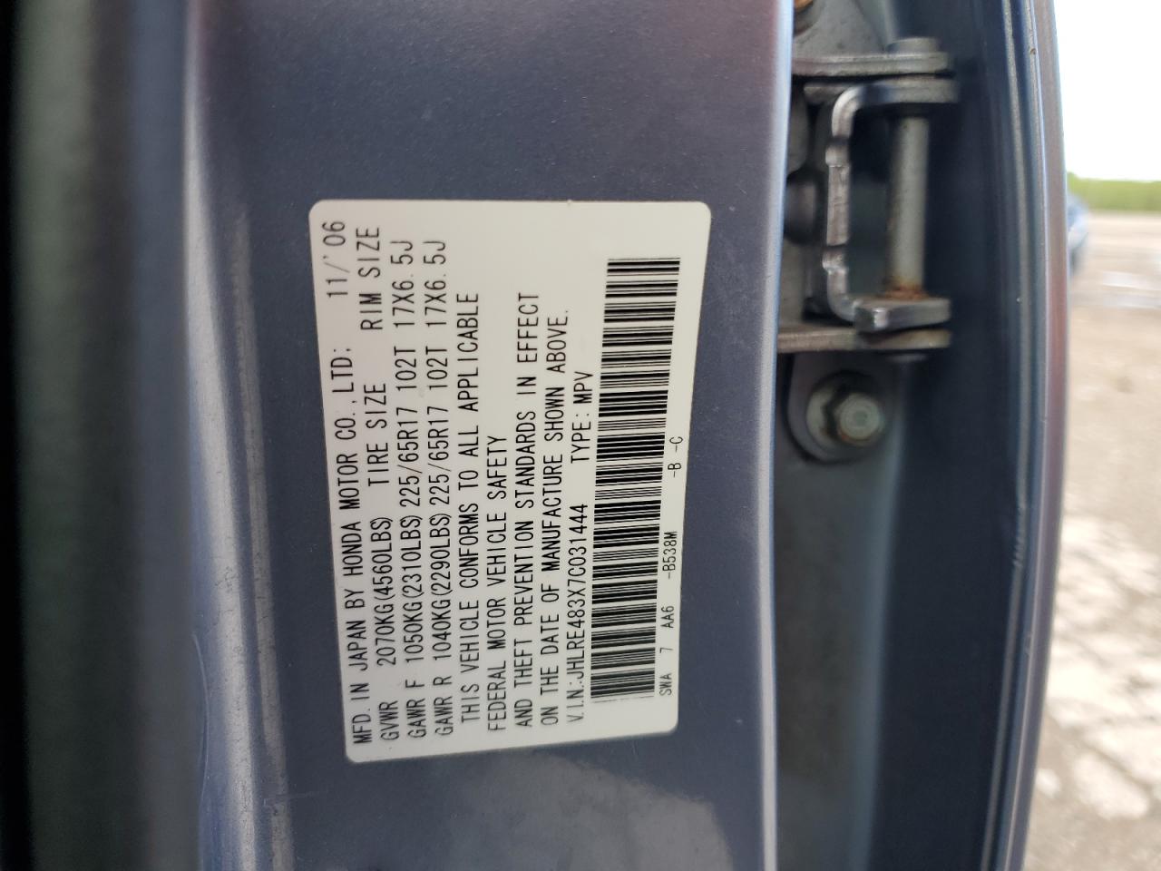 2007 Honda Cr-V Lx VIN: JHLRE483X7C031444 Lot: 62485094