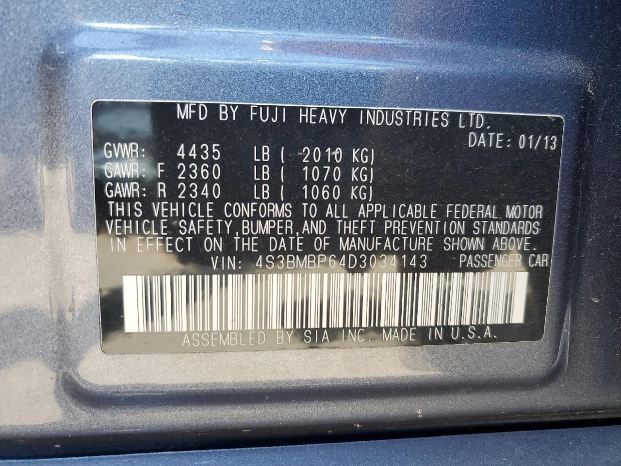 2013 Subaru Legacy 2.5I Limited VIN: 4S3BMBP64D3034143 Lot: 62135244