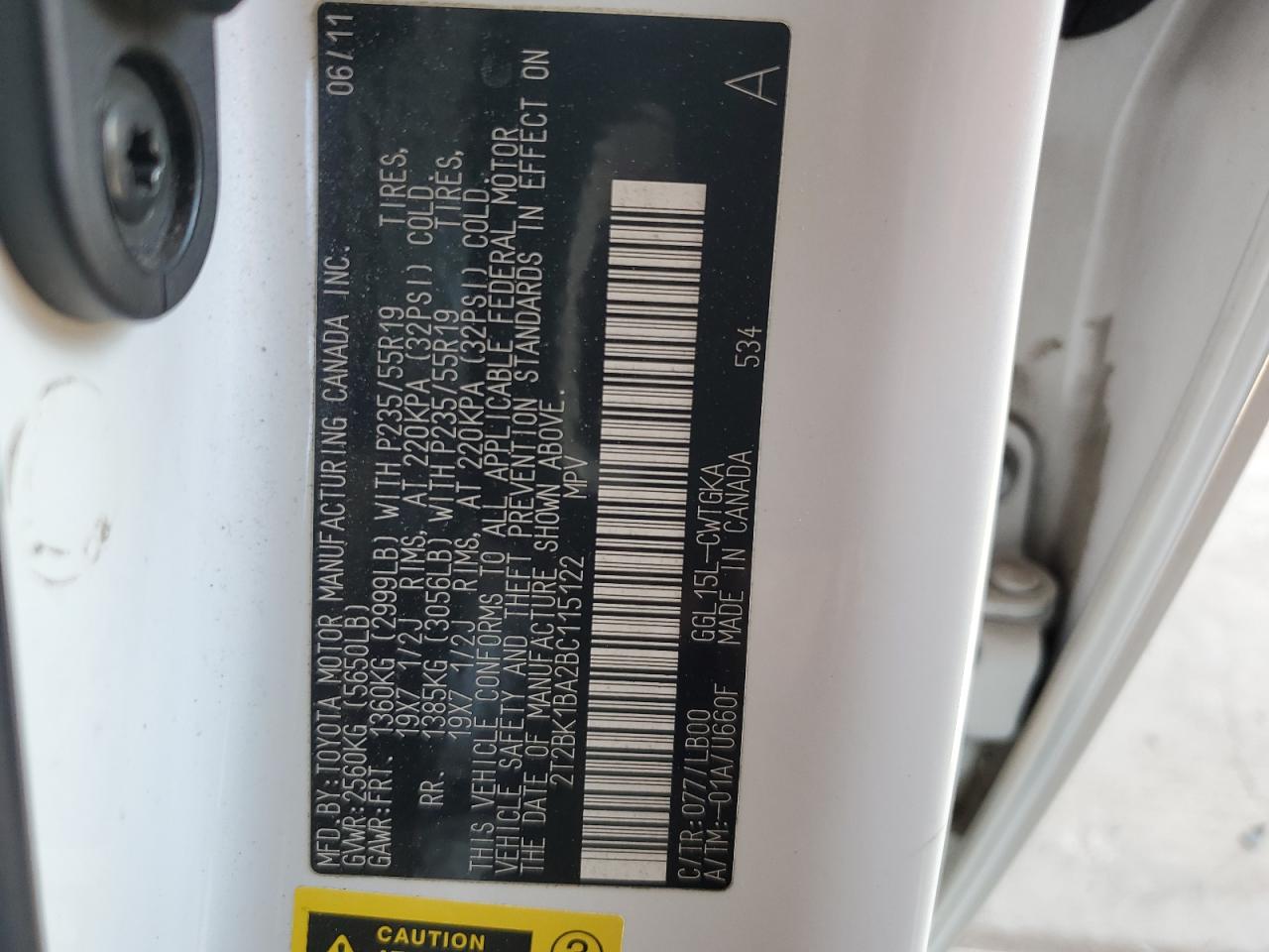 2011 Lexus Rx 350 VIN: 2T2BK1BA2BC115122 Lot: 61341704