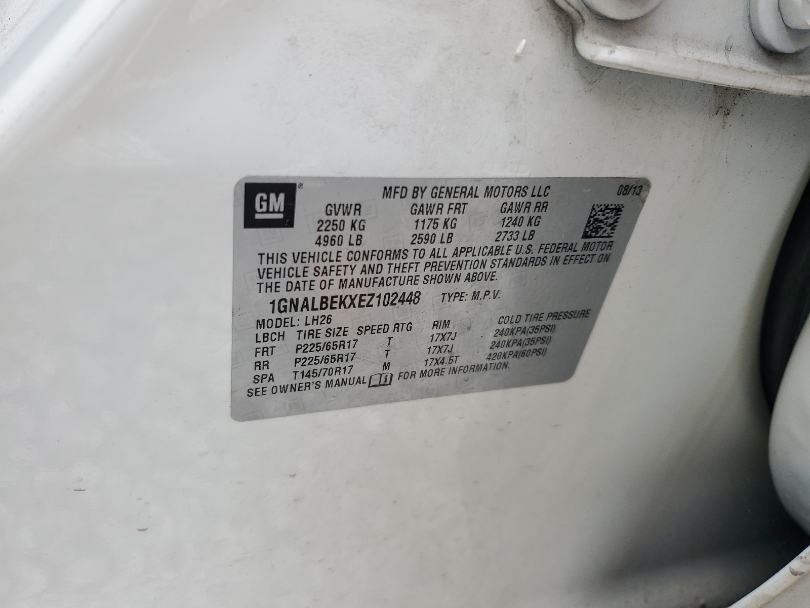 1GNALBEKXEZ102448 2014 Chevrolet Equinox Lt