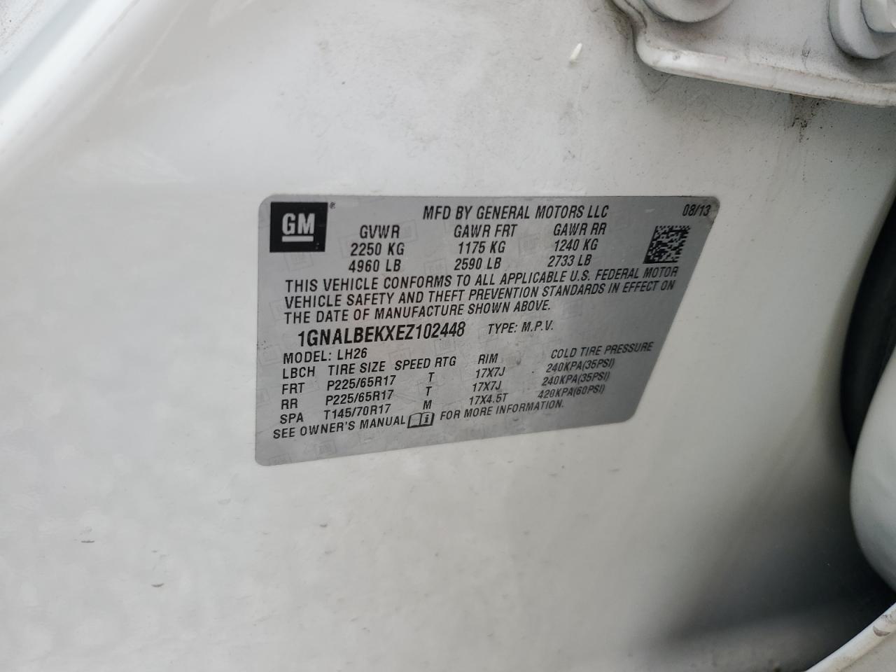 2014 Chevrolet Equinox Lt VIN: 1GNALBEKXEZ102448 Lot: 63054674